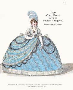 Court dress worn by Princess Augusta. Blue crape and silver. Created by Mrs. Bruce. Restored and recolored from original description by Beatrice Knight.