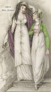 London dresses by Mrs. Green, featuring two women in white gowns, one wearing a green spencer, the other a purple shawl and black lace mantilla. Ladies' Monthly Museum, June 1813.
