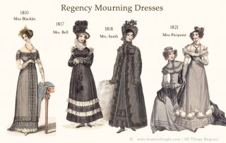 Regency mourning dresses were black during the full mourning period, and then sober colors in subsequent weeks.