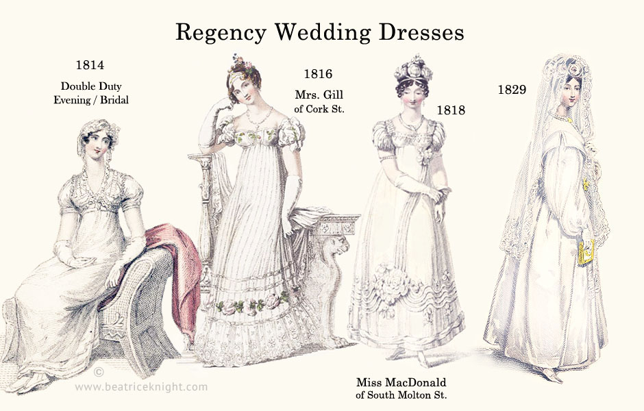 Regency brides wearing white wedding dresses from various fashion plates.